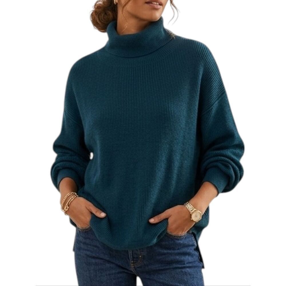 Free People Ottoman Slouchy Tunic Mock Neck Ribbed Sweater Teal Small